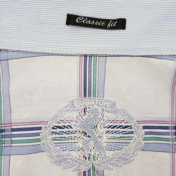 Bugatchi Shirt Short Sleeve Men L Blue Multicolor Plaid & Floral Button Up - Picture 9 of 12